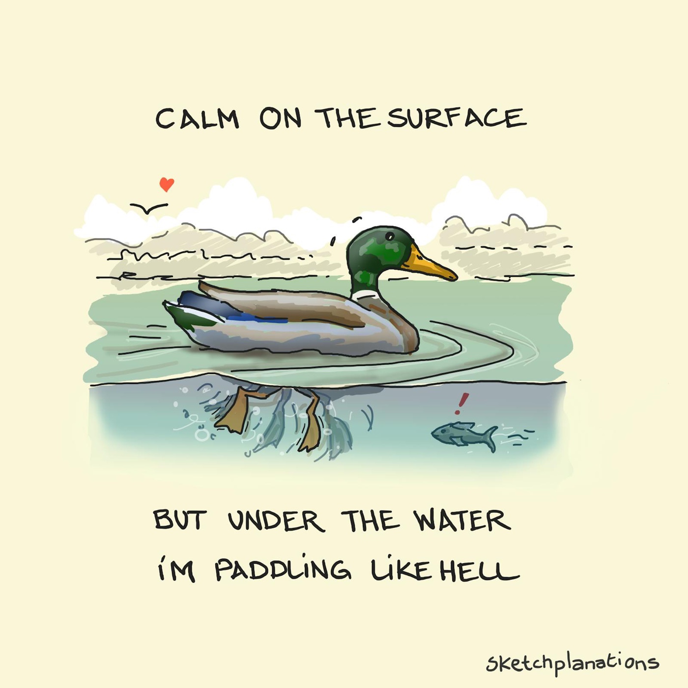 Calm like a duck quote showing a duck who's calm on the surface, but under the water, I'm paddling like hell. Also, a Michael Caine quote