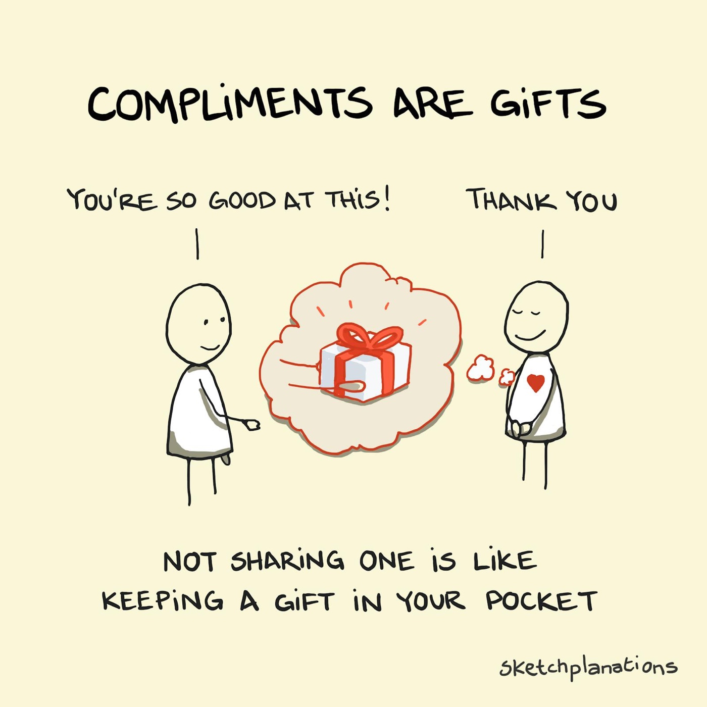 Compliments are gifts - not sharing one is like keeping a gift in your pocket: with one person complimenting another and it feeling like receiving a gift