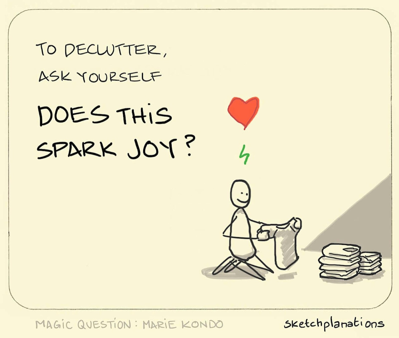 Does this spark joy illustration: As they sort through their t-shirt collection to determine what stays and what needs to go, an individual holds up a shirt and is reminded how much they love it. 