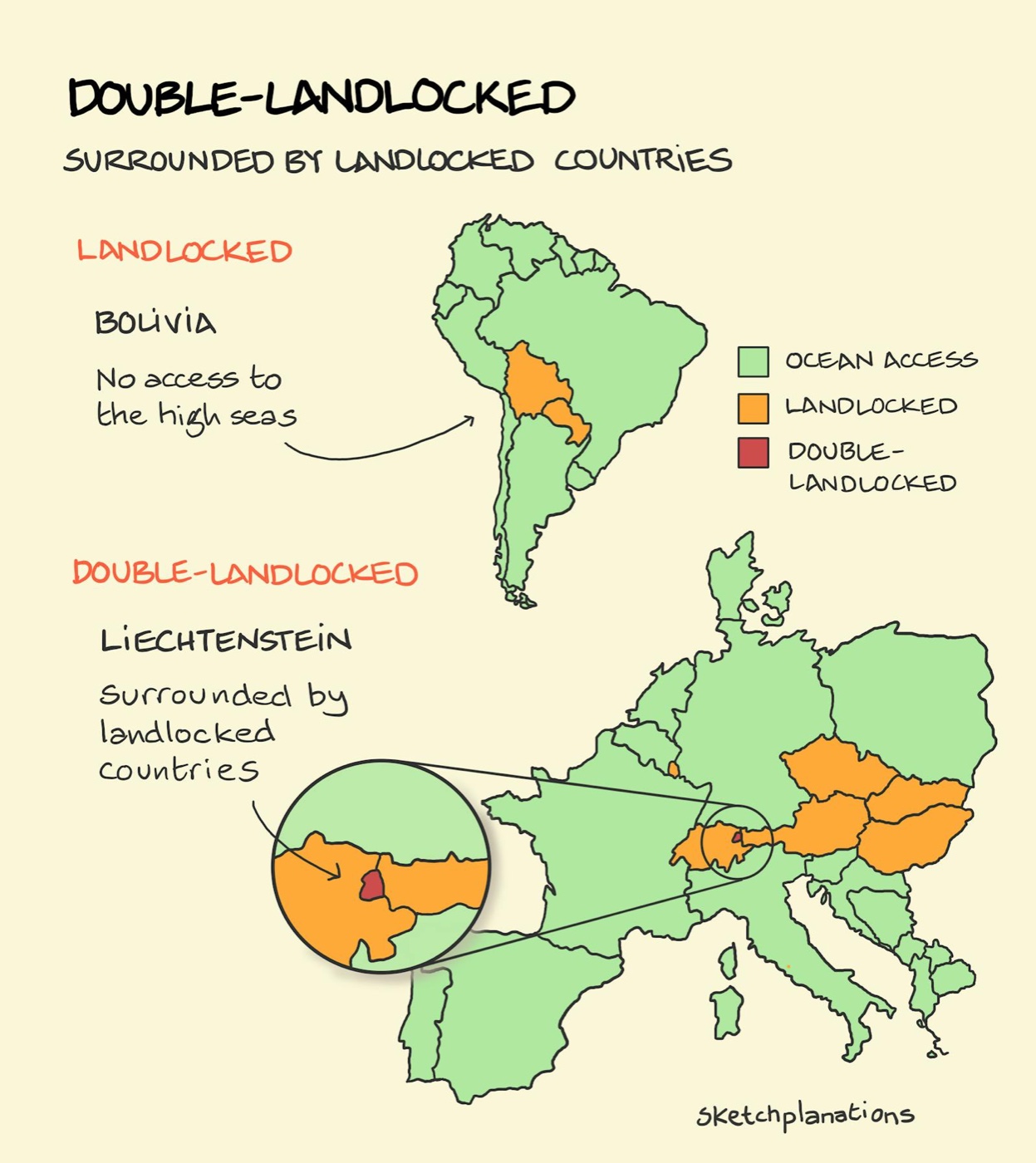 What are double-landlocked countries? Map showing a landlocked country and the meaning of double-landlocked countries with Liechtenstein surrounded only by landlocked countries. The other double-landlocked country is Uzbekistan.