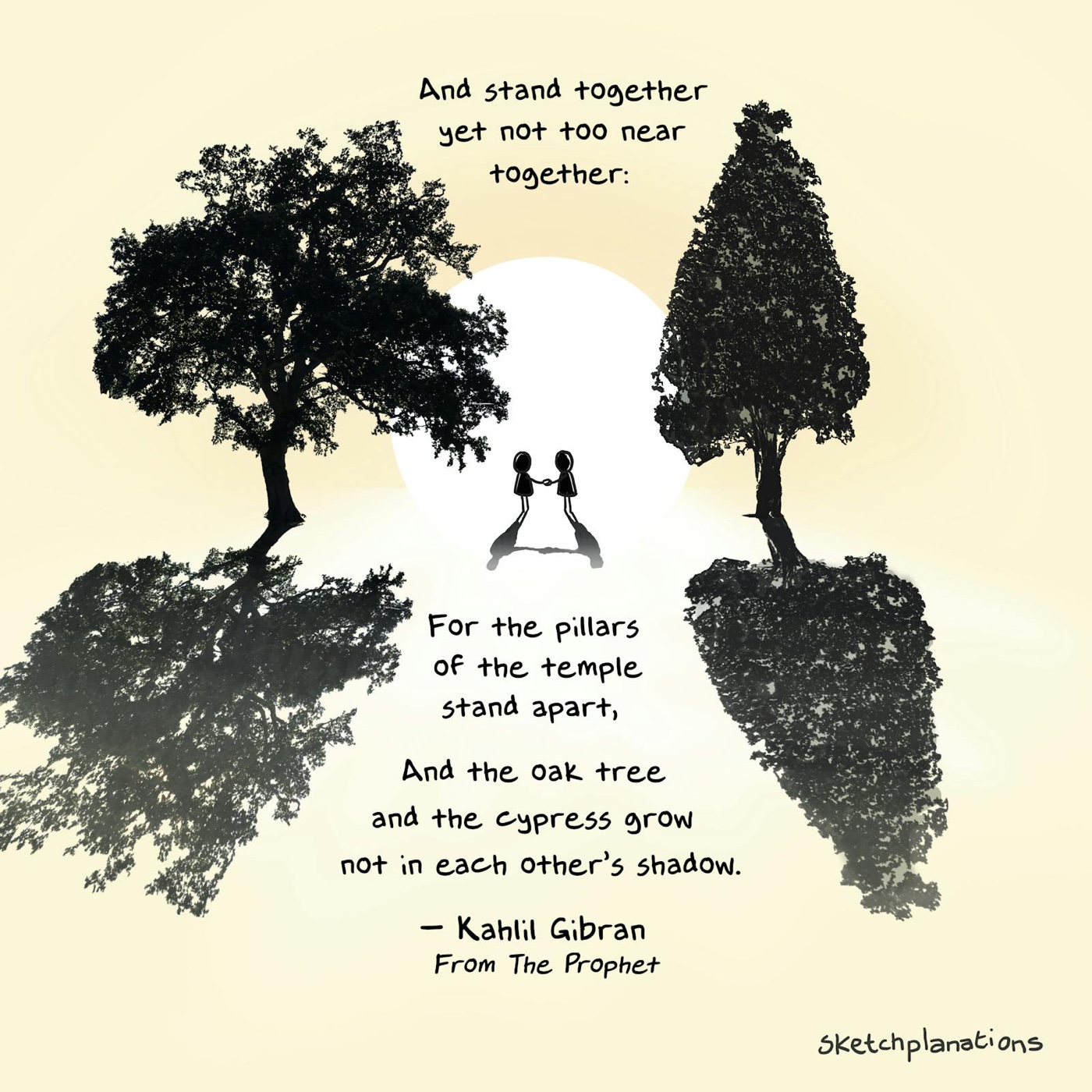An illustration for Kahlil Gibran’s On Marriage from The Prophet: an oak and a cypress tree with two figures holding hands, grow not in each other’s shadow.