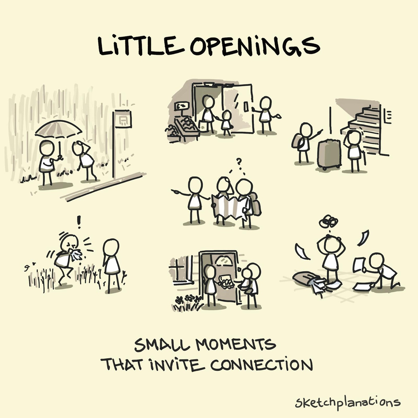 Little openings: small moments that invite connection - sharing an umbrella, holding a door, carrying a suitcase, sneezing, borrowing eggs, directing someone lost, or picking up dropped papers