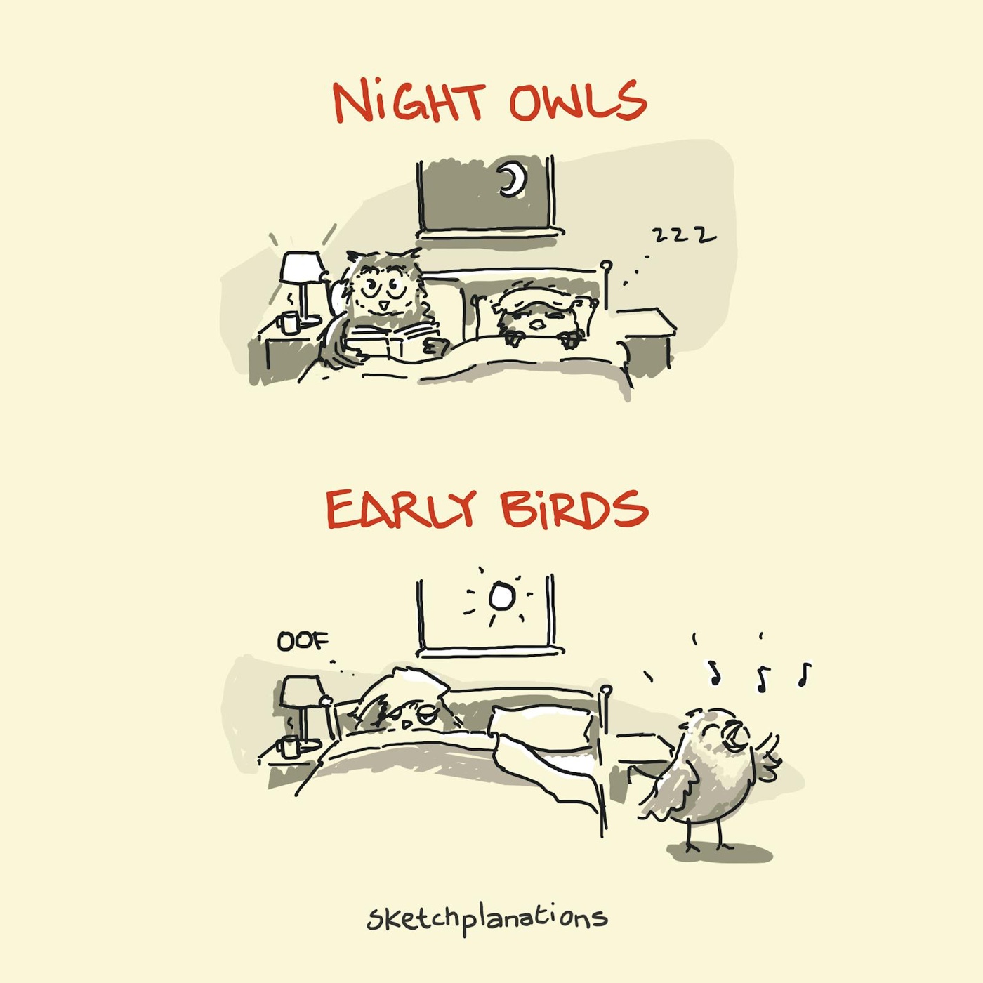 Night owls and early birds couple trying to sleep and get on with things at the same time