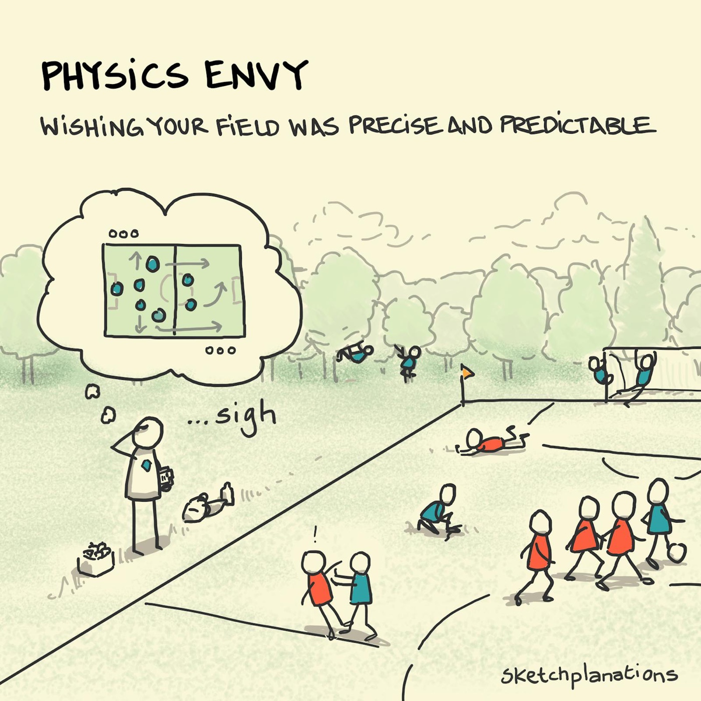 Physics envy: a football coach looks on exasperated as none of his young team play according to the plan