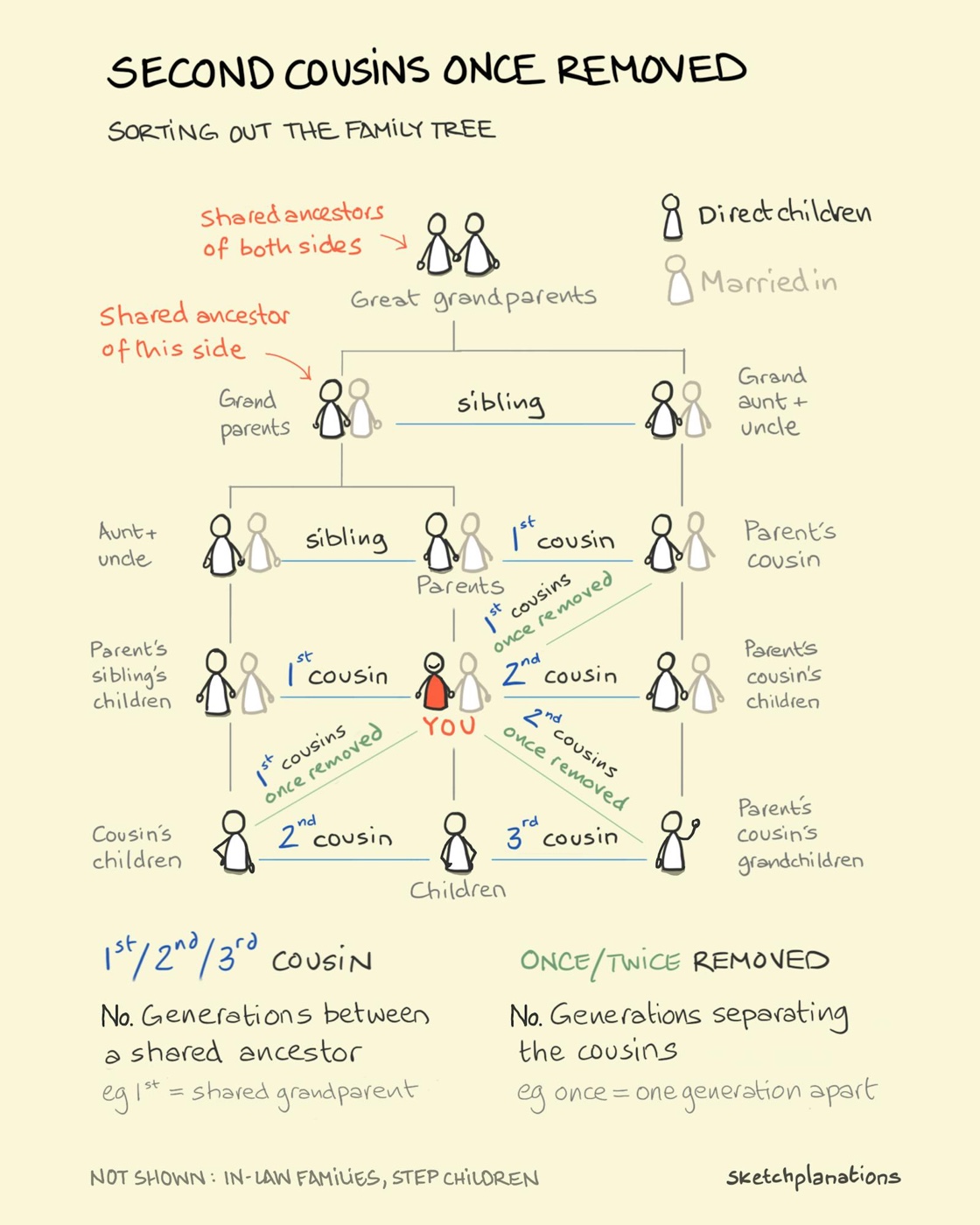 Family tree explained chart showing the meaning of second cousins, once removed and twice removed, and how cousin relationships work across generations