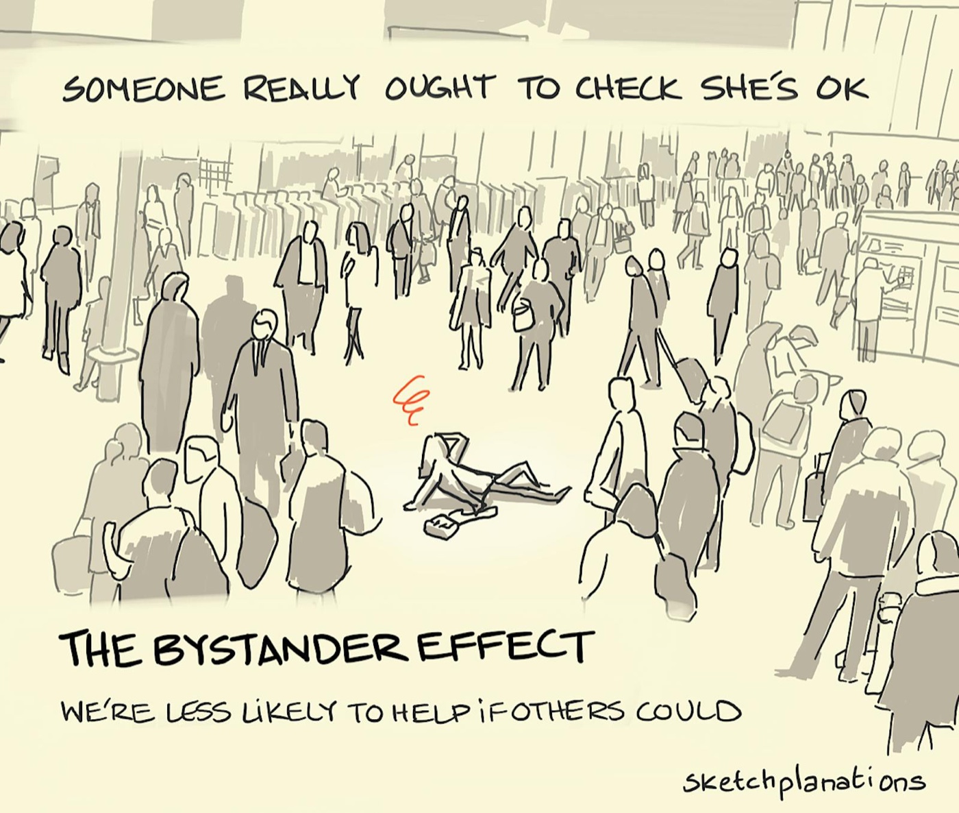 The bystander effect: a lady sits dazed on the floor in a busy train station while others ignore her or walk on by — someone really ought to check she's ok