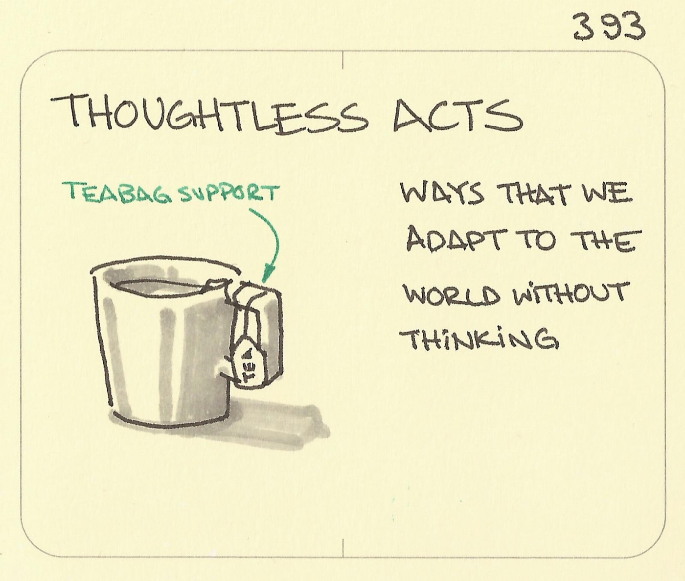What is a Thoughtless Act example of a teabag wrapped around a handle of a mug