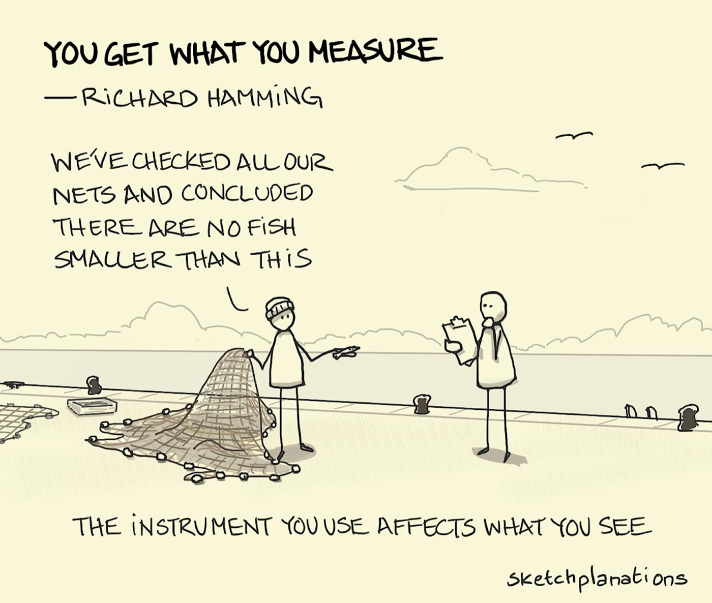 A fisherman illustrates the parable of the fishing net by concluding a minimum size of fish because they never see any smaller in their nets — you get what you measure